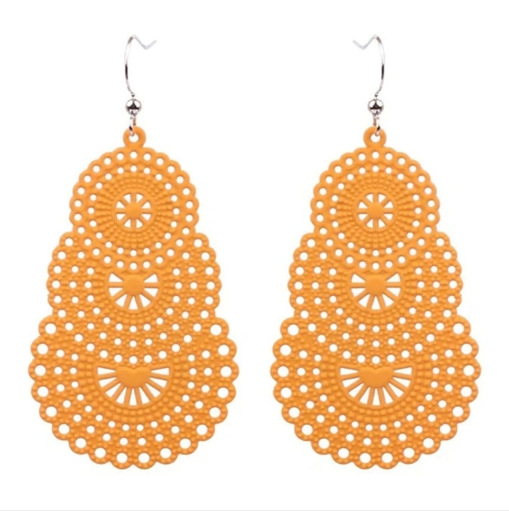 Tangerine Orange Bohemian Tiered Filigree Earrings Boho Hollow Lace Metal Cutout